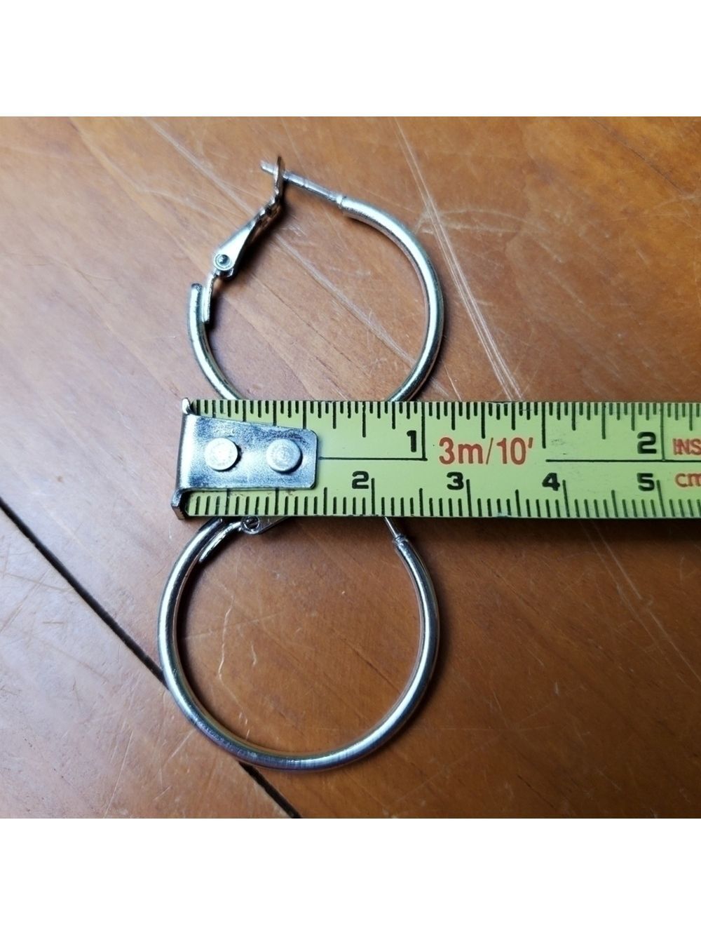 Earrings, silver colored hoops, 1 inch - Picture 4 of 4
